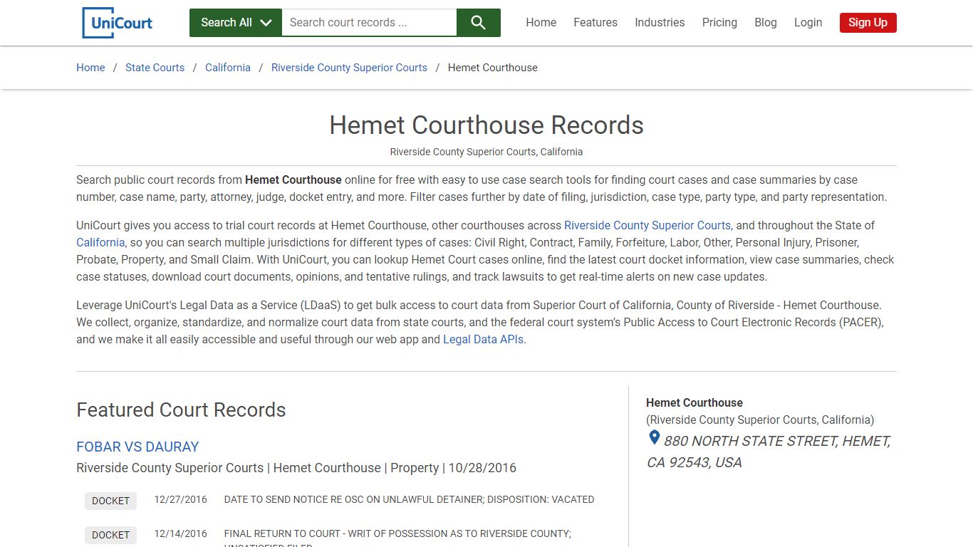 Hemet Courthouse Records | Riverside | UniCourt